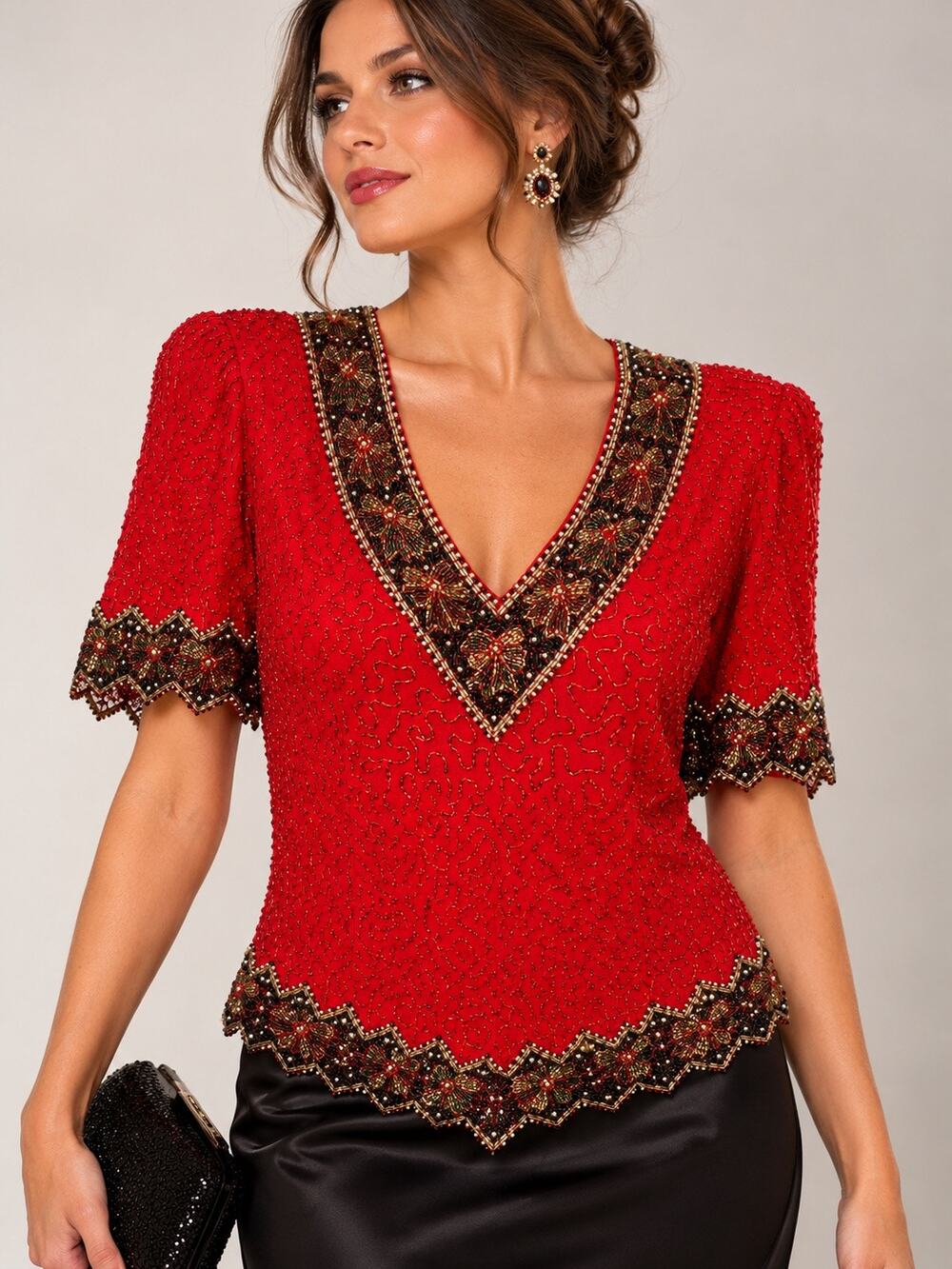 Vintage Laurence Kazar Red Beaded Sequin Evening Top Blouse XL